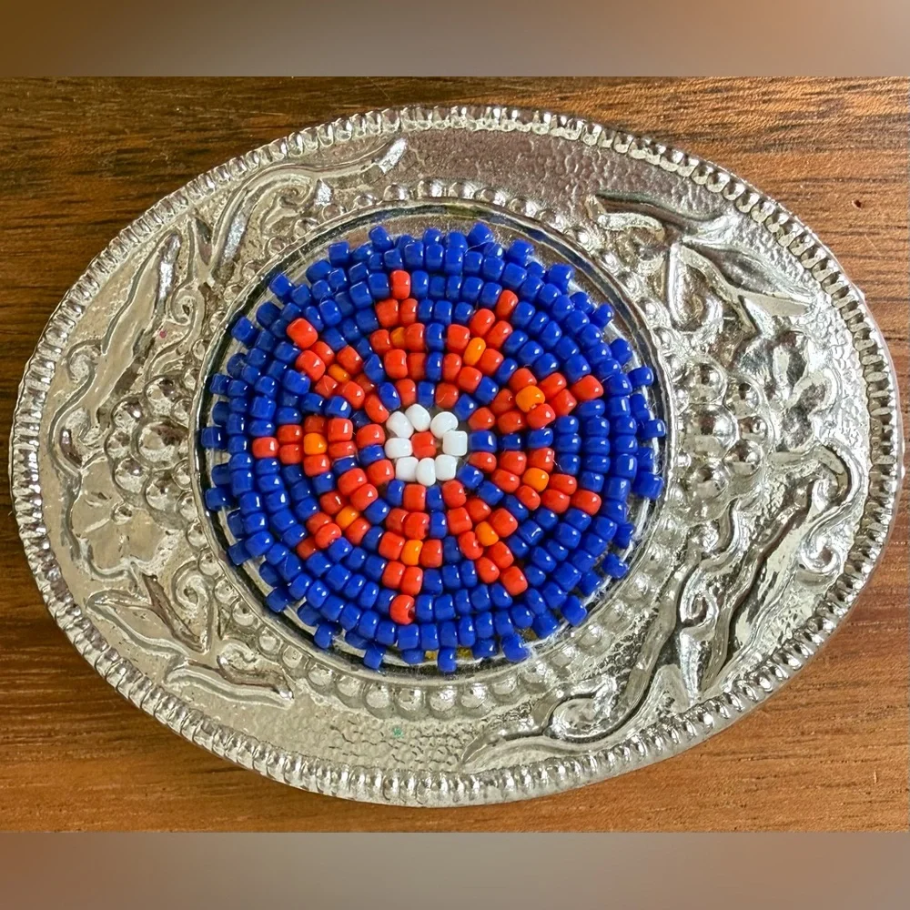 Vintage Silver Belt Buckle with Blue and Red Bead Design Native American Seed
